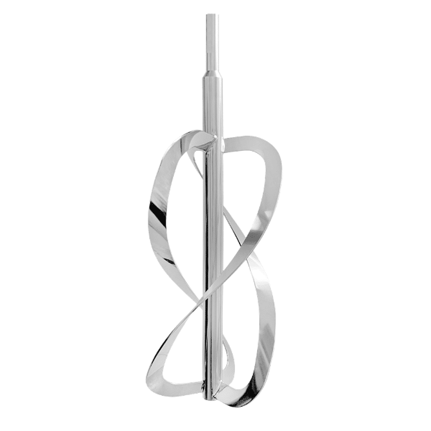 Stainless Helical spiral stirrer attachment with helical mixing blades on a clean background, highlighting hygienic mixing tool for pharmaceutical or cosmetic formulation in controlled environments.