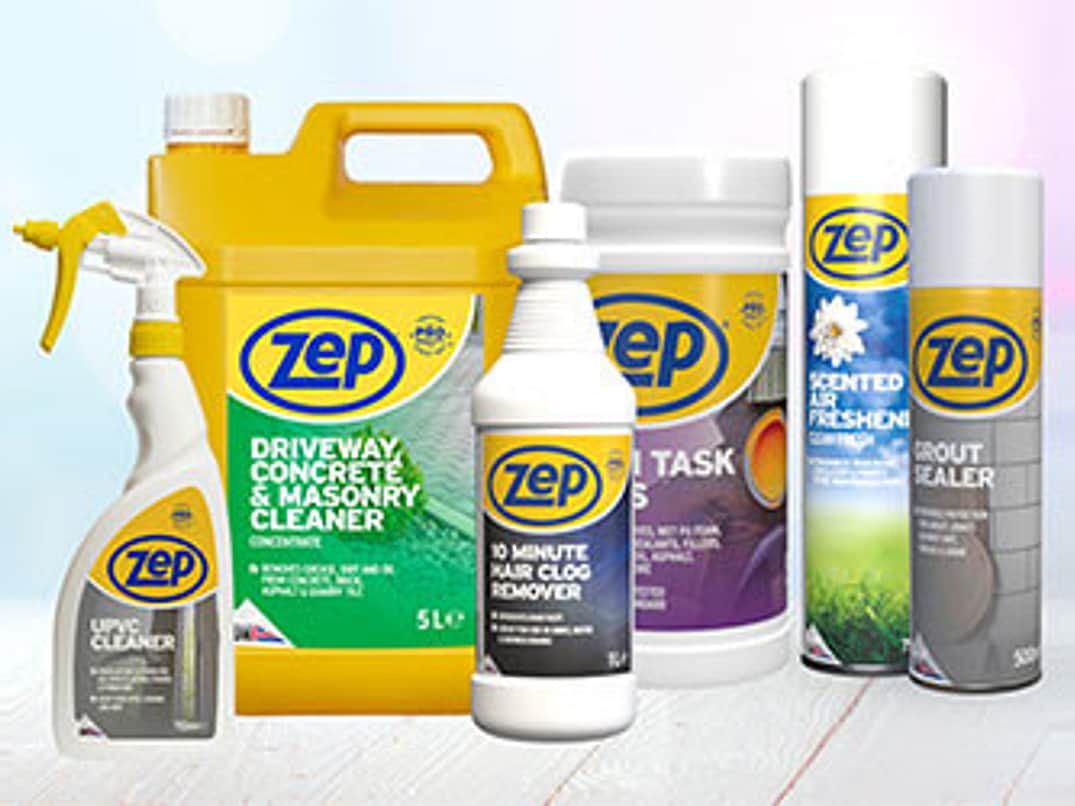 A selection of Zep UK Ltd products, spray bottles, aerosols and jelly can on a bright colourful background