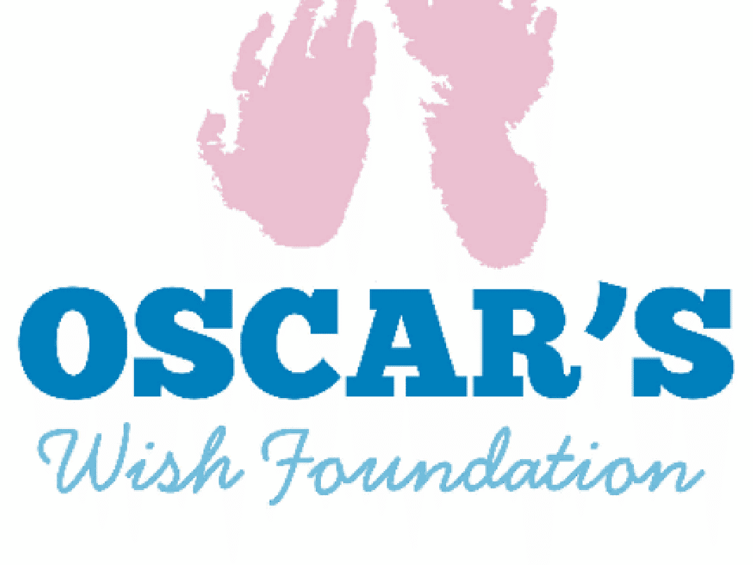 The Oscar's Wish Foundation logo of a small pink hand and foot print, with Oscar's in large blue font beneath, and the words 'Wish Foundation' in a smaller, lighter blue font at the bottom.