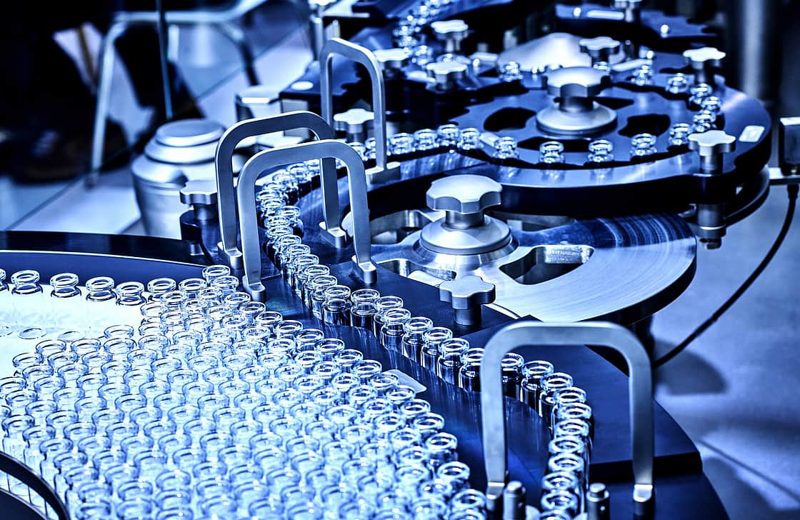 Glass vials on a filling machine