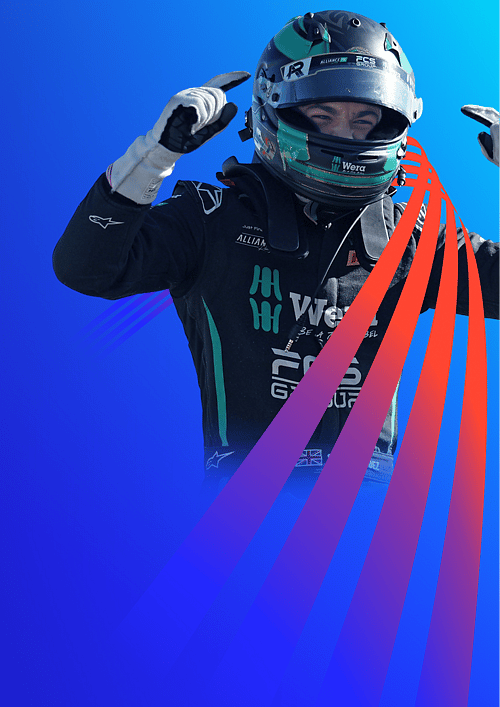 Racing driver in a helmet and race suit celebrates against a blue graphic background.